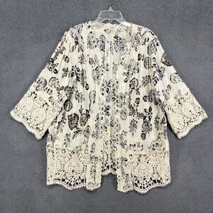 Solitaire Boho Floral Kimono Cardigan 2X Crochet Lace Trim Duster Cover Up